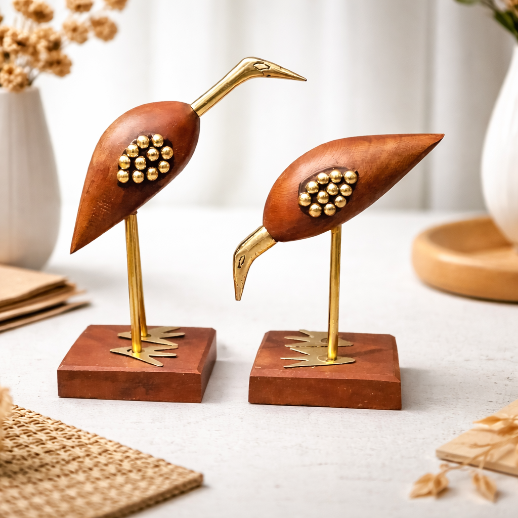 Elegant Wooden Bird Sculpture Set with Brass Accents – Modern Table Decor