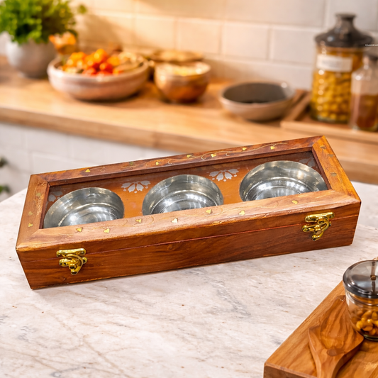Elegant Wooden Spice Box with Brass Inlay and Stainless Steel Bowls – Kitchen Storage Organizer