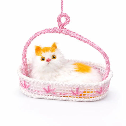 Decorative Hanging Plush Cat Toy, White & Orange Kitten in Pink Basket, Realistic Stuffed Animal, Cute Gift & Home Decor Accent (Pink)