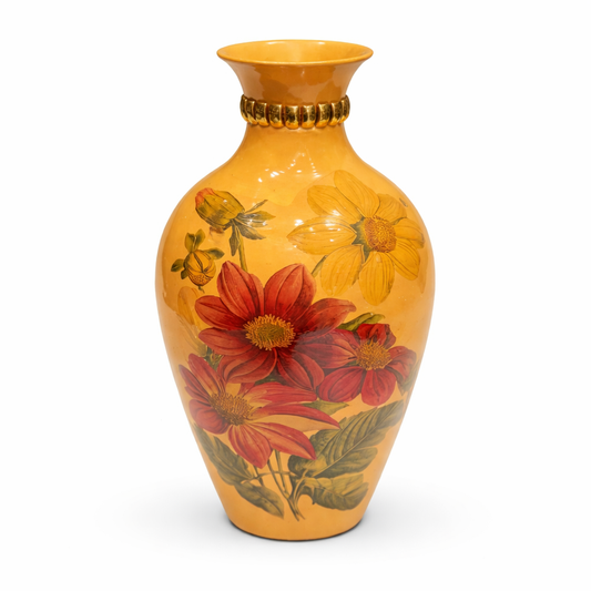 Handcrafted Wooden Vase with Decorative Brass Flower Accents – Elegant Home Décor