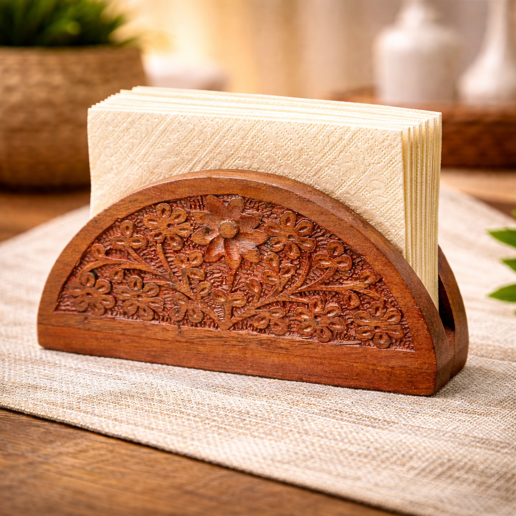 Hand-Carved Wooden Napkin Holder with Floral Design | Elegant Tabletop Tissue Stand
