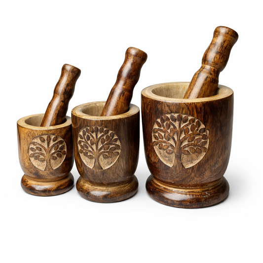 Handcrafted Wooden Mortar and Pestle Set with Tree Carving – Spice Grinding Set
