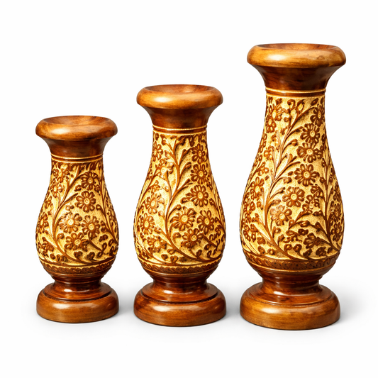 Handcrafted Wooden Vase with Decorative Brass Flower Accents – Elegant Home Décor