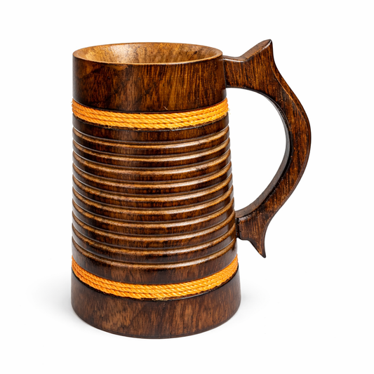 Handcrafted Wooden Beer Mug with Orange Rope Accent – Rustic Drinkware