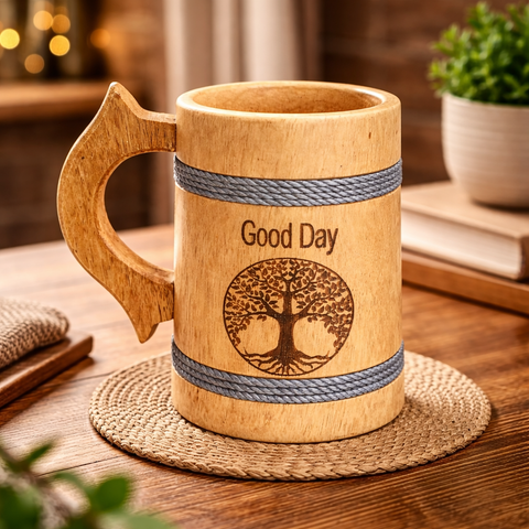 Handcrafted Wooden Beer Mug with Tree of Life Engraving – Rustic Drinkware