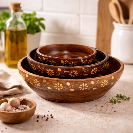 Handcrafted Wooden Bowls Set – Natural Finish Nesting Bowls for Serving and Decor