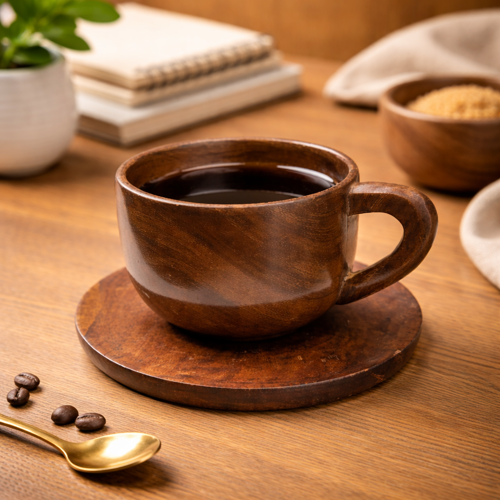 Handcrafted Wooden Coffee Cup with Saucer | Natural Eco-Friendly Tea & Coffee Mug