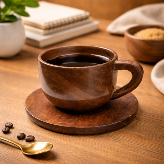 Handcrafted Wooden Coffee Cup with Saucer | Natural Eco-Friendly Tea & Coffee Mug