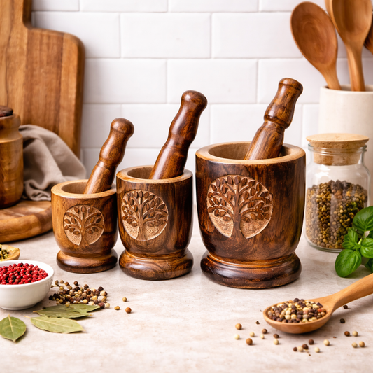 Handcrafted Wooden Mortar and Pestle Set with Tree Carving – Spice Grinding Set