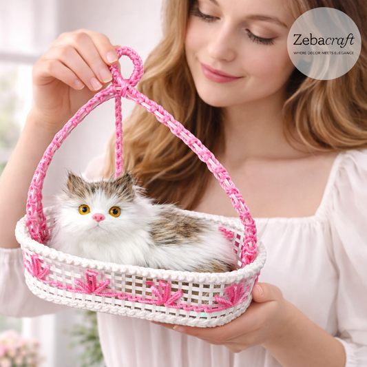 Decorative Plush Cat Toy, White & Brown Kitten in Pink Basket, Realistic Stuffed Animal, Cute Gift & Home Decor Accent (Pink)