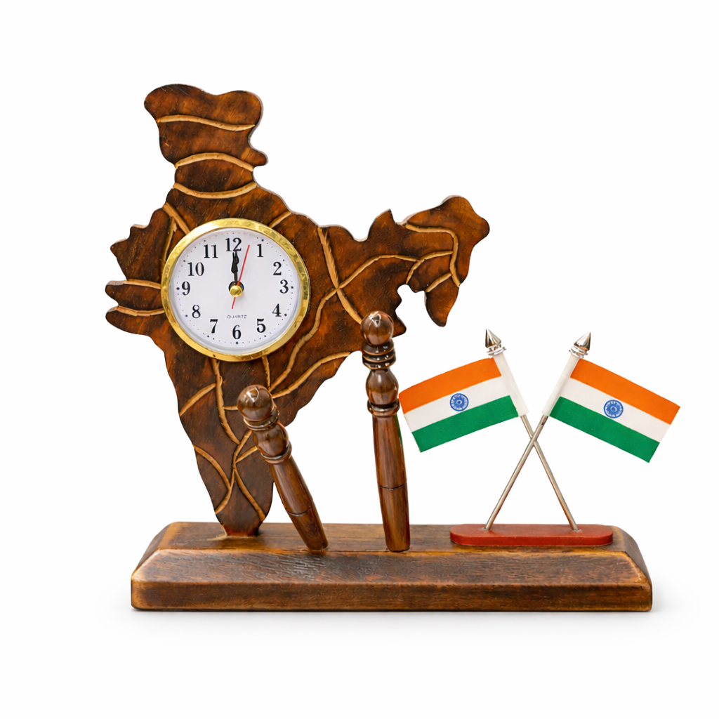 Wooden Map of India Clock with Indian Flags – Unique Desk Decor