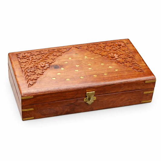Handcrafted Sheesham Wood Keepsake Box with Brass Inlay and Floral Carving