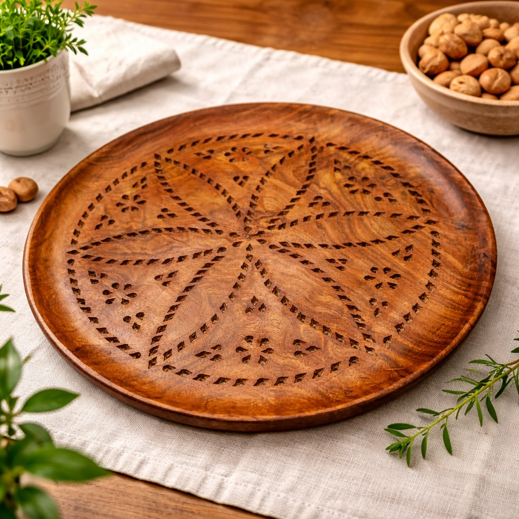 Handcrafted Wooden Tray with Intricate Mandala Carving – Decorative Serving Tray