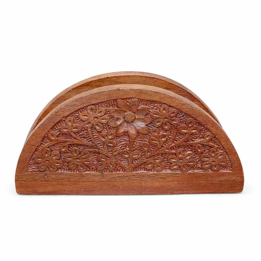 Hand-Carved Wooden Napkin Holder with Floral Design | Elegant Tabletop Tissue Stand