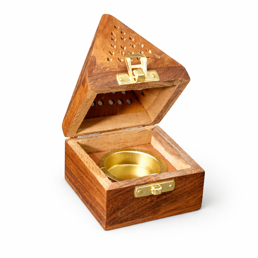 Handcrafted Wooden Pyramid Incense Box with Brass Bowl set of 2
