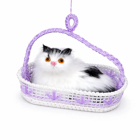 Decorative Plush Cat Toy, Black & White Kitten in Lavender Basket with Roses, Realistic Stuffed Animal, Luxury Gift & Home Decor Accent (Lavender)