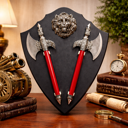 Ornate Medieval Shield Wall Decor with Crossed Sword and Axes