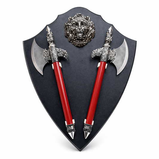 Ornate Medieval Shield Wall Decor with Crossed Sword and Axes