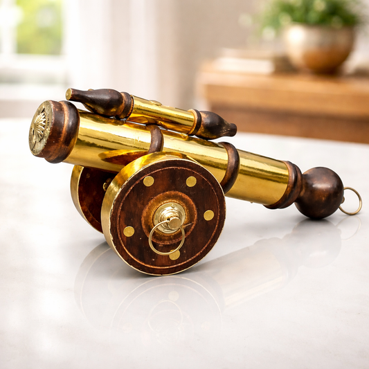 Miniature Brass and Wooden Cannon Showpiece – Vintage Table Décor medium size
