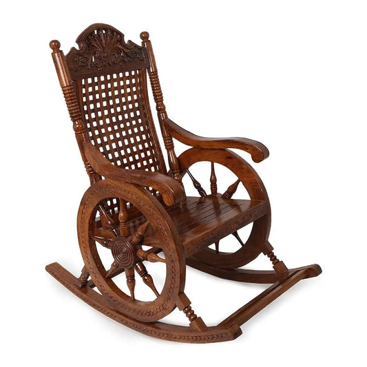 Handcrafted Wooden Rocking Chair with Wheel Design Traditional Antique Finish Pure Sheesham Wood, Brown
