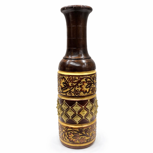 Handcrafted Wooden Vase with Antique Gold Floral Detailing | Ethnic Decorative Flower Vase