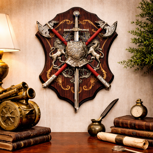 Ornate Medieval Shield Wall Decor with Crossed Sword and Axes