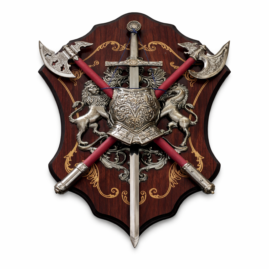 Ornate Medieval Shield Wall Decor with Crossed Sword and Axes