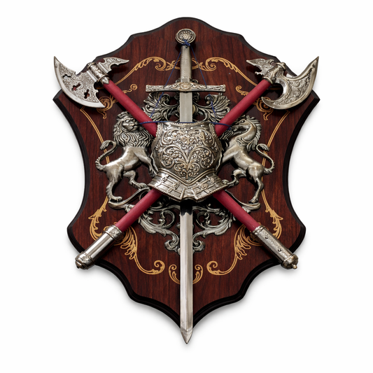 Ornate Medieval Shield Wall Decor with Crossed Sword and Axes