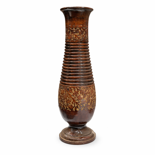 Handcrafted Wooden Vase with Decorative Brass Flower Accents – Elegant Home Décor