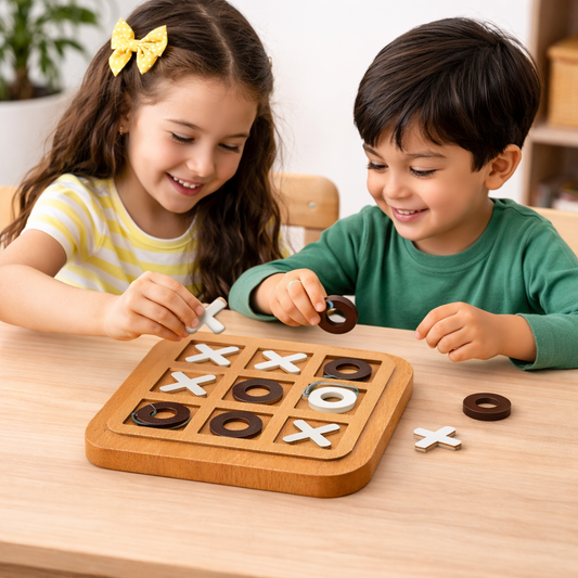 Wooden Tic-Tac-Toe Game Board – Classic XOXO Tabletop Puzzle for Kids & Family