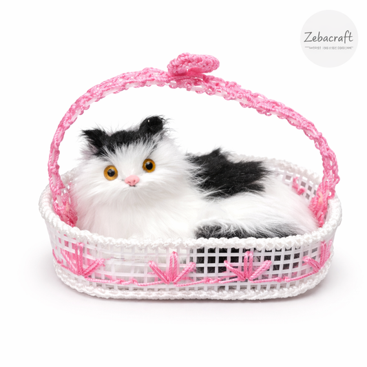 Decorative Plush Cat Toy, Black & White Kitten in Pink Basket, Realistic Stuffed Animal, Cute Gift & Home Decor Accent (Pink)