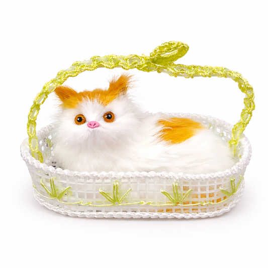 Decorative Plush Cat Toy, White and Orange Kitten in Basket, Realistic Stuffed Animal, Home Decor Accent (White & Orange)