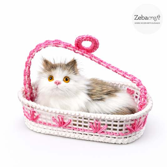 Decorative Plush Cat Toy, White & Brown Kitten in Pink Basket, Realistic Stuffed Animal, Cute Gift & Home Decor Accent (Pink)
