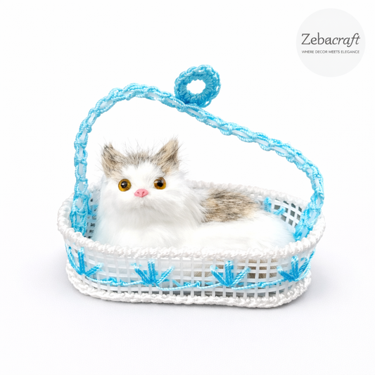 Realistic Plush Cat in Blue Basket, White Kitten Soft Toy, Decorative Gift Item for Kids & Home (Blue)