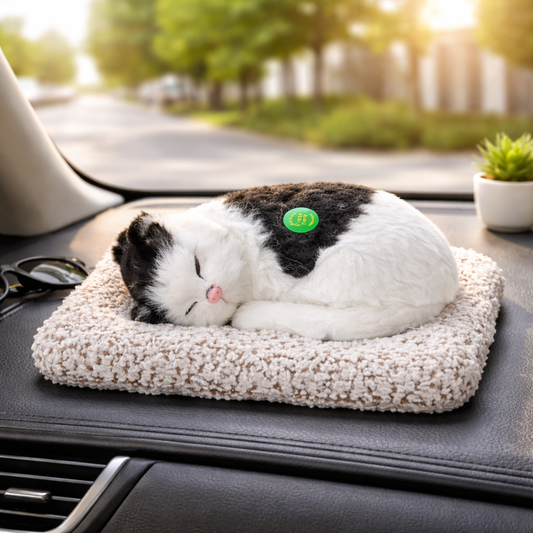 Black and White Sleeping Cat Plush Decor with Soft Mat – Cute Cozy Cat Ornament