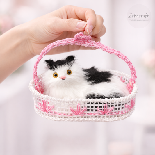 Decorative Plush Cat Toy, Black & White Kitten in Pink Basket, Realistic Stuffed Animal, Cute Gift & Home Decor Accent (Pink)