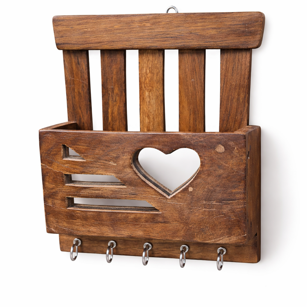 Rustic Wooden Key Holder with Heart Cutout – Wall-Mounted Organizer with Hooks