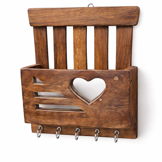Rustic Wooden Key Holder with Heart Cutout – Wall-Mounted Organizer with Hooks