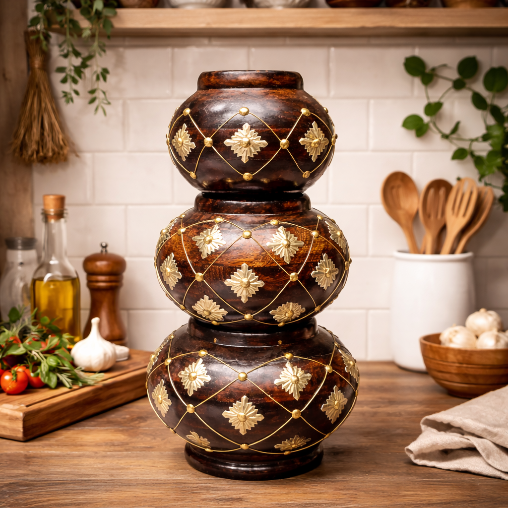 Handcrafted Wooden Vase with Decorative Brass Flower Accents – Elegant Home Décor set of 3