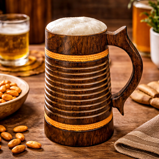 Handcrafted Wooden Beer Mug with Orange Rope Accent – Rustic Drinkware