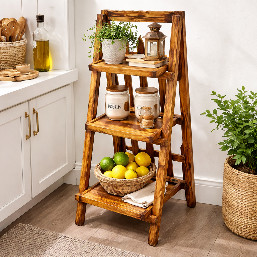 Rustic 3-Tier Wooden Display Shelf – Foldable Ladder Style Stand
