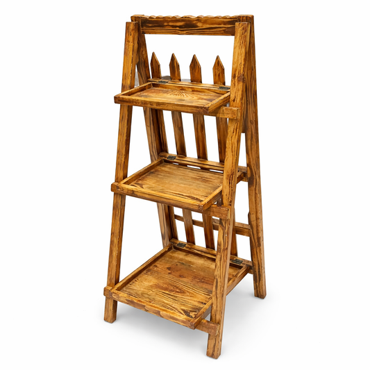 Rustic 3-Tier Wooden Display Shelf – Foldable Ladder Style Stand