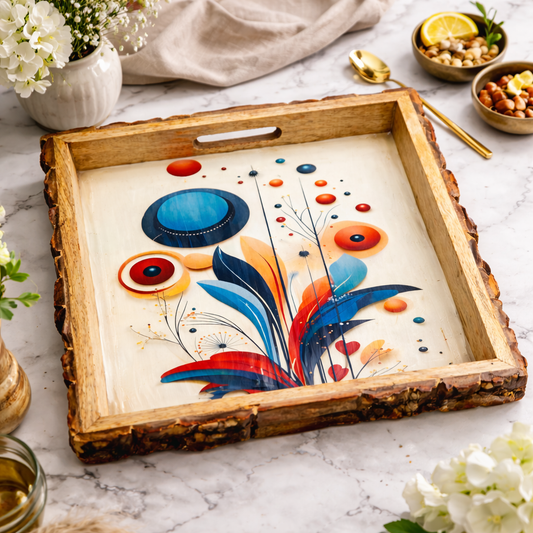 Rustic Wooden Serving Tray with Colorful Abstract Floral Art