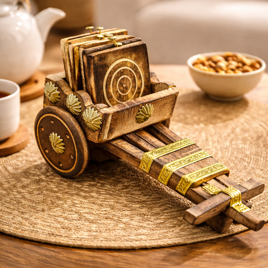 Vintage Wooden Cart with Engraved Cards & Brass Accents