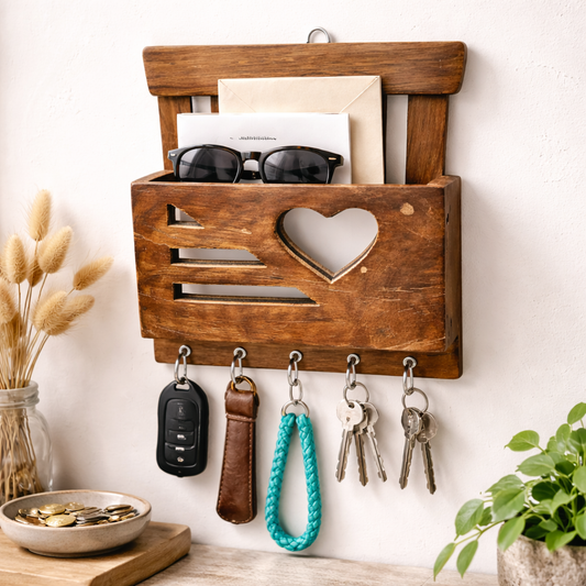 Rustic Wooden Key Holder with Heart Cutout – Wall-Mounted Organizer with Hooks