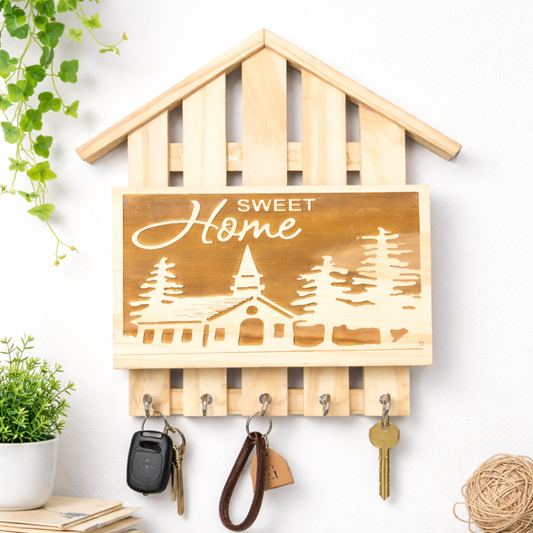 Rustic Wooden Key Holder with 'Sweet Home' Engraving – Decorative Wall Organizer