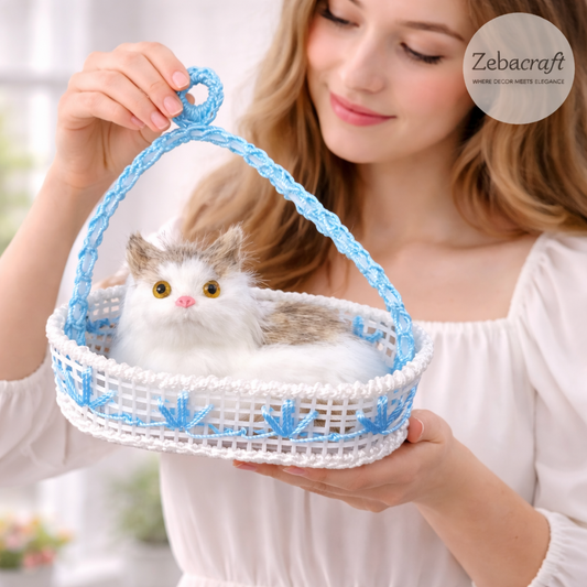 Realistic Plush Cat in Blue Basket, White Kitten Soft Toy, Decorative Gift Item for Kids & Home (Blue)