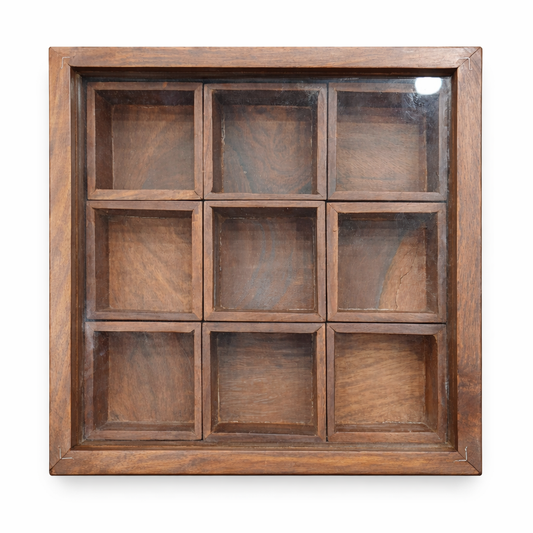 Wooden 9-Compartment Display Box with Glass Lid