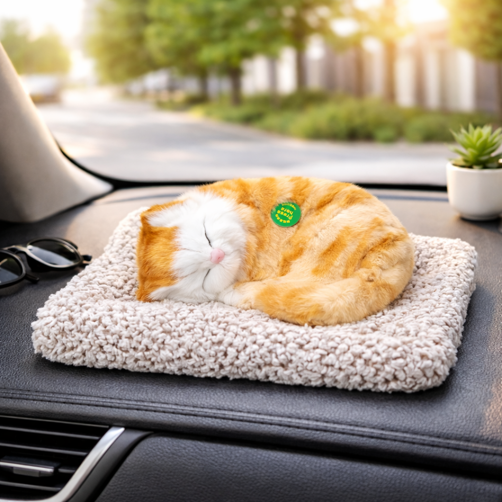 Sleeping Orange Tabby Cat Plush Decor with Soft Mat – Cute Cozy Cat Ornament