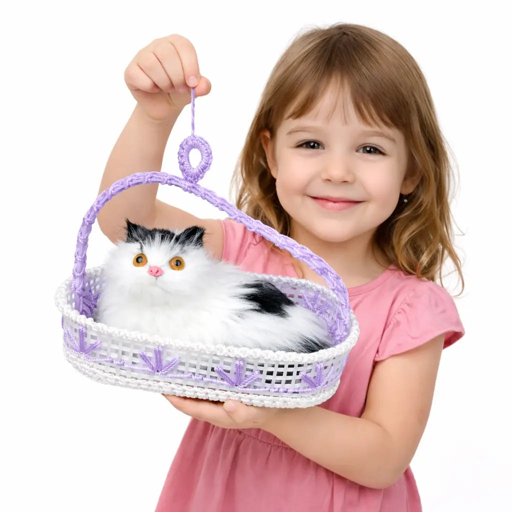 Decorative Plush Cat Toy, Black & White Kitten in Lavender Basket with Roses, Realistic Stuffed Animal, Luxury Gift & Home Decor Accent (Lavender)